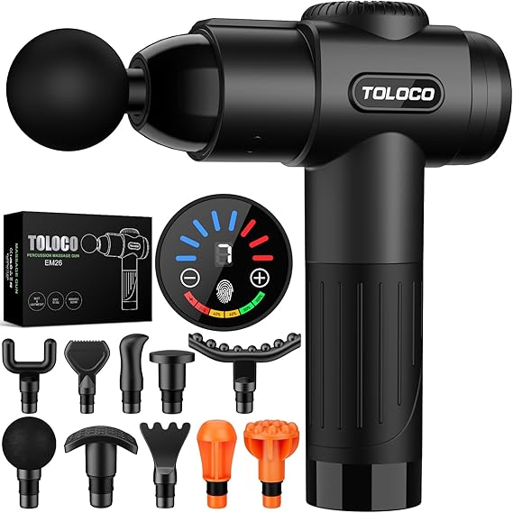 TOLOCO Massage Gun, Deep Tissue Back Massage for Athletes for Pain Relief, Percussion Massager with 10 Massages Heads & Silent Brushless Motor, Mothers Day Gifts, Black