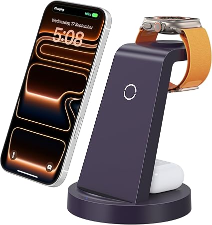 Anlmz 3 in 1 Charging Station for iPhone, Wireless Charger for iPhone 17 16e 16 15 14 13 12 11 X Pro Max & Apple Watch - Wireless Charging Station for AirPods 4 3 Pro