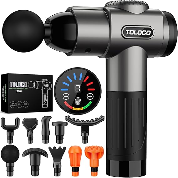 TOLOCO Massage Gun, Deep Tissue Back Massage for Athletes for Pain Relief, Percussion Massager with 10 Massages Heads & Silent Brushless Motor, Mothers Day Gifts, Black